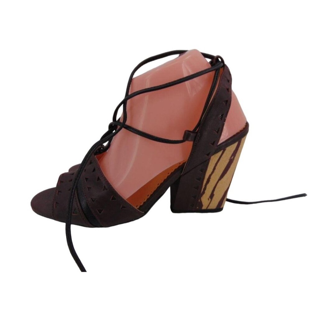 Anthropologie Faryl Robin Caley Lace Up Ankle Tie Heels 9.5 Chunky Heel Laser - Picture 12 of 13